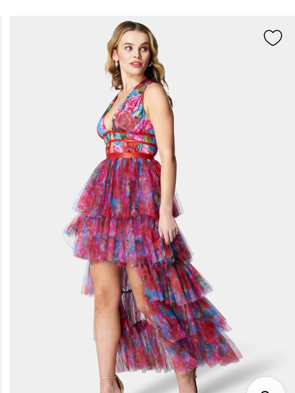 Bebe Tiered High Low Gown features a floral print and a deep V-neckline Size XL